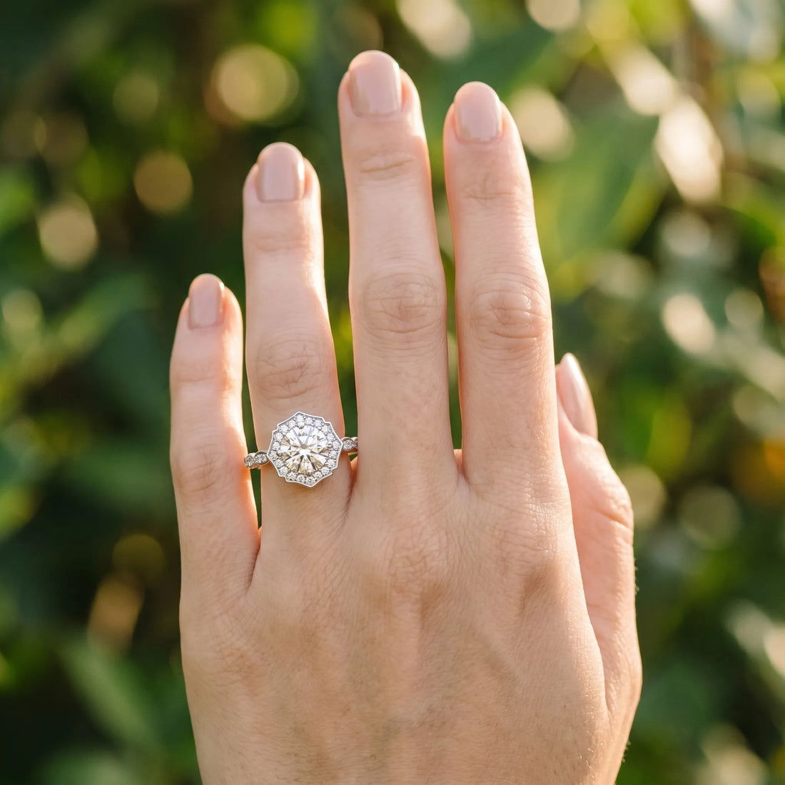White gold Round Halo Diamond Ring with Milgrain Band and Four-Prong Setting_6