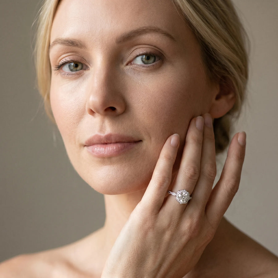 White gold Round Halo Diamond Ring with Milgrain Band and Four-Prong Setting