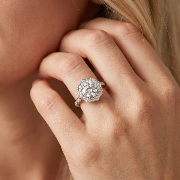 White gold Round Halo Diamond Ring with Milgrain Band and Four-Prong Setting