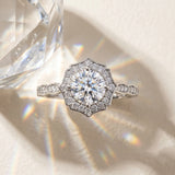 White gold Round Halo Diamond Ring with Milgrain Band and Four-Prong Setting_9