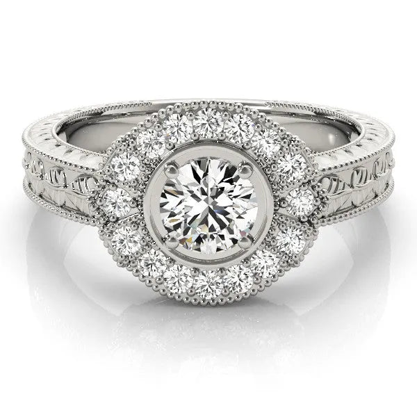 White gold Round Halo Diamond Ring with Milgrain Bezel and Prong Setting