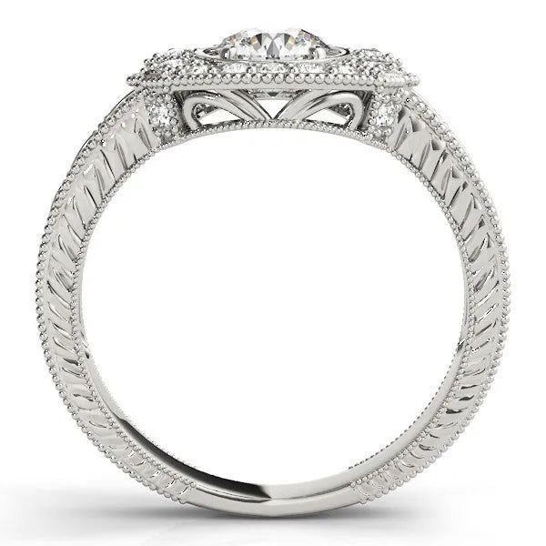 White gold Round Halo Diamond Ring with Milgrain Bezel and Prong Setting