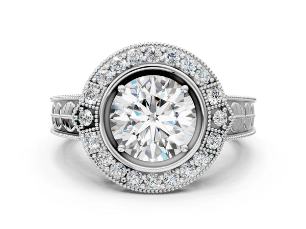 White gold Round Halo Diamond Ring with Milgrain Bezel and Prong Setting