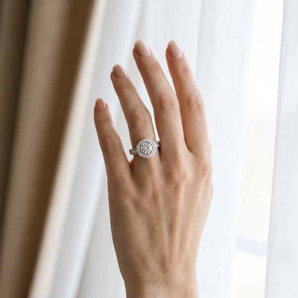 White gold Round Halo Diamond Ring with Milgrain Bezel and Prong Setting