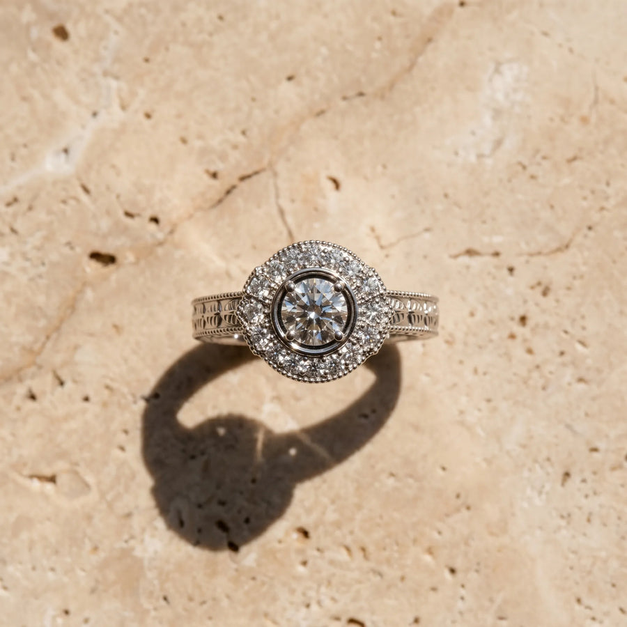 White gold Round Halo Diamond Ring with Milgrain Bezel and Prong Setting