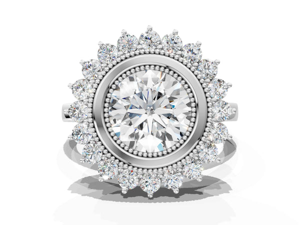 White gold Round Halo Diamond Ring with Milgrain Edge and Round Prong Setting