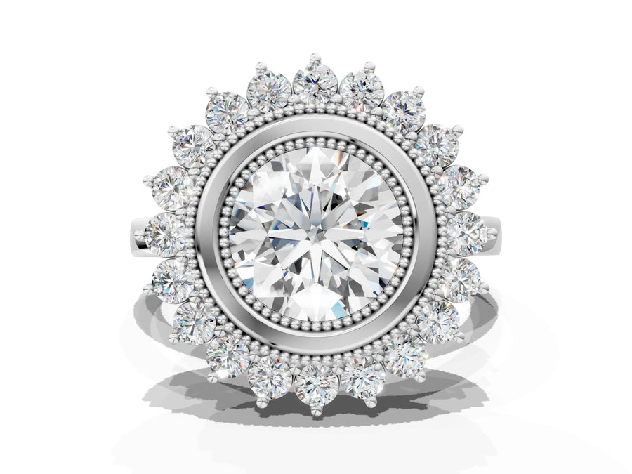White gold Round Halo Diamond Ring with Milgrain Edge and Round Prong Setting