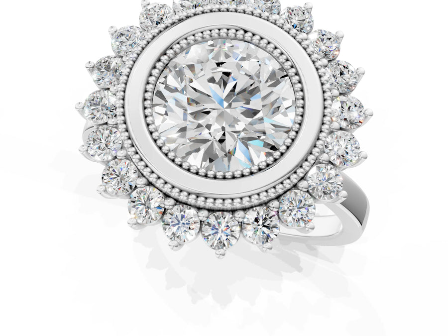 White gold Round Halo Diamond Ring with Milgrain Edge and Round Prong Setting