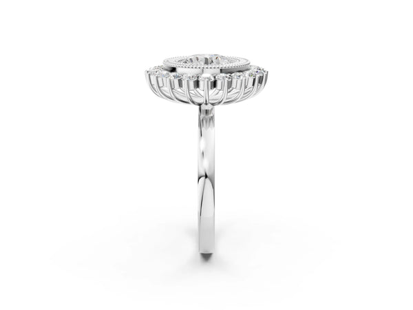 White gold Round Halo Diamond Ring with Milgrain Edge and Round Prong Setting