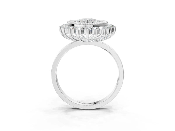 White gold Round Halo Diamond Ring with Milgrain Edge and Round Prong Setting