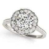 White gold Round Halo Diamond Ring with Milgrain Pave Band and Prong Setting 1