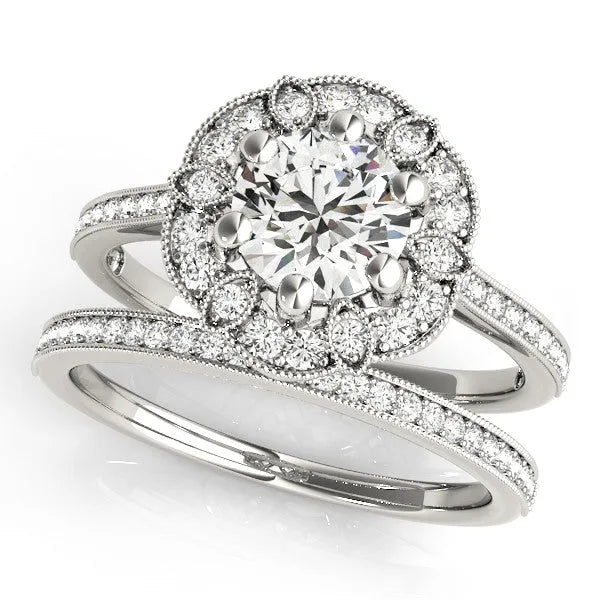 White gold Round Halo Diamond Ring with Milgrain Pave Band and Prong Setting