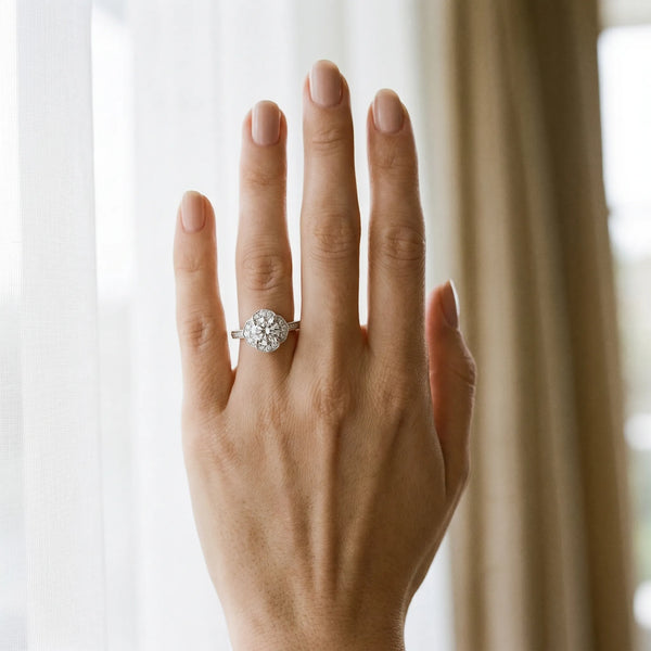 White gold Round Halo Diamond Ring with Milgrain Pave Band and Prong Setting
