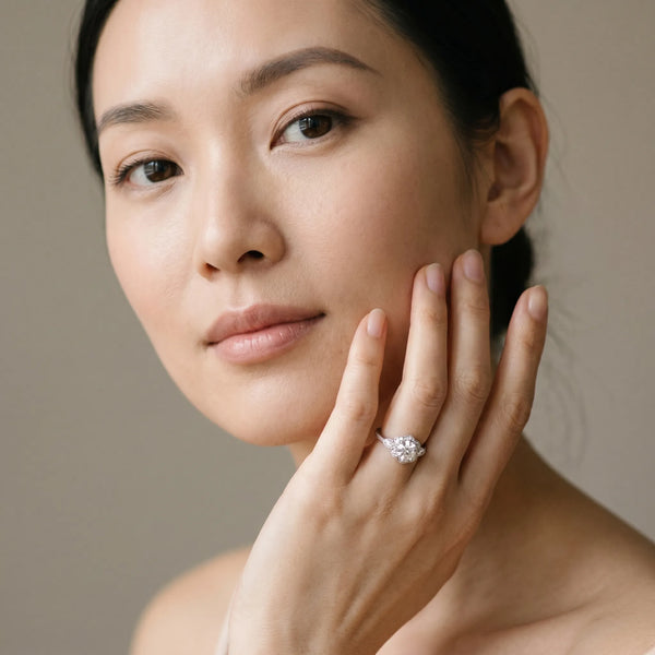 White gold Round Halo Diamond Ring with Milgrain Pave Band and Prong Setting