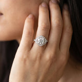 White gold Round Halo Diamond Ring with Milgrain Pave Band and Prong Setting_8
