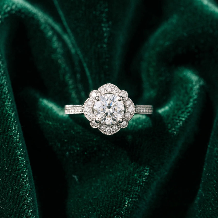 White gold Round Halo Diamond Ring with Milgrain Pave Band and Prong Setting