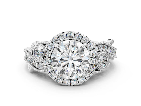 White gold Round Halo Diamond Ring with Milgrain and Bezel Accents on a Split Shank Band