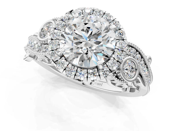 White gold Round Halo Diamond Ring with Milgrain and Bezel Accents on a Split Shank Band