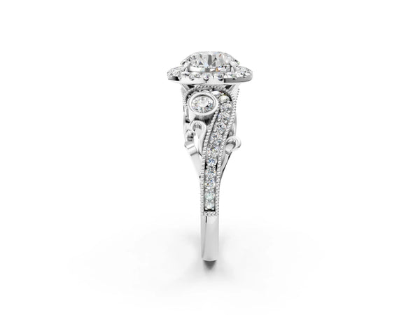 White gold Round Halo Diamond Ring with Milgrain and Bezel Accents on a Split Shank Band