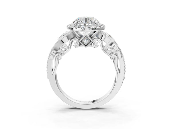 White gold Round Halo Diamond Ring with Milgrain and Bezel Accents on a Split Shank Band