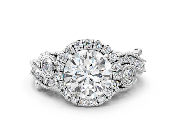 White gold Round Halo Diamond Ring with Milgrain and Bezel Accents on a Split Shank Band