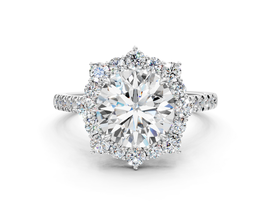 White gold Round Halo Diamond Ring with Pavé Band and Prong Setting_40
