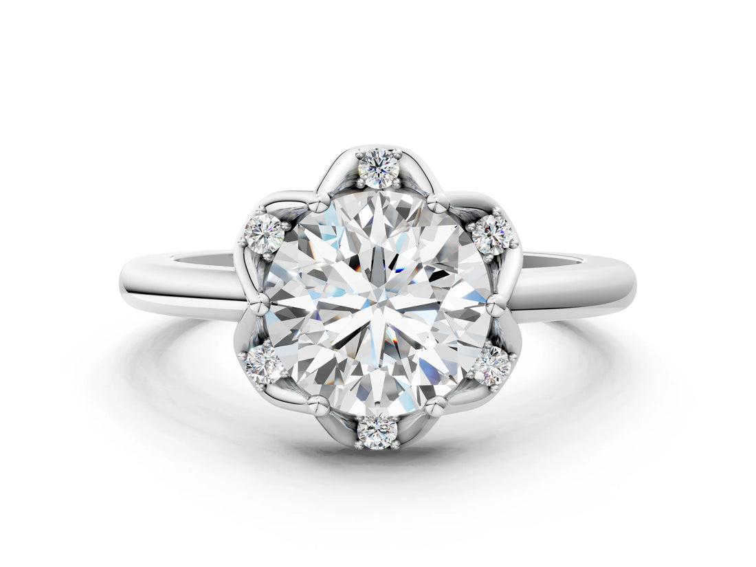 White gold Round Halo Diamond Ring with Round Cluster Setting, Solitaire Band, and Four-Prong Setting_49