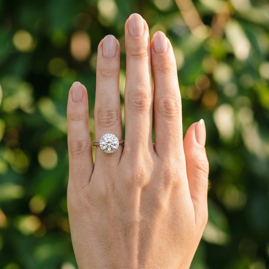White gold Round Halo Diamond Ring with Solitaire Band and Four-Prong Setting