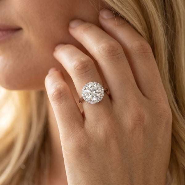 White gold Round Halo Diamond Ring with Solitaire Band and Four-Prong Setting