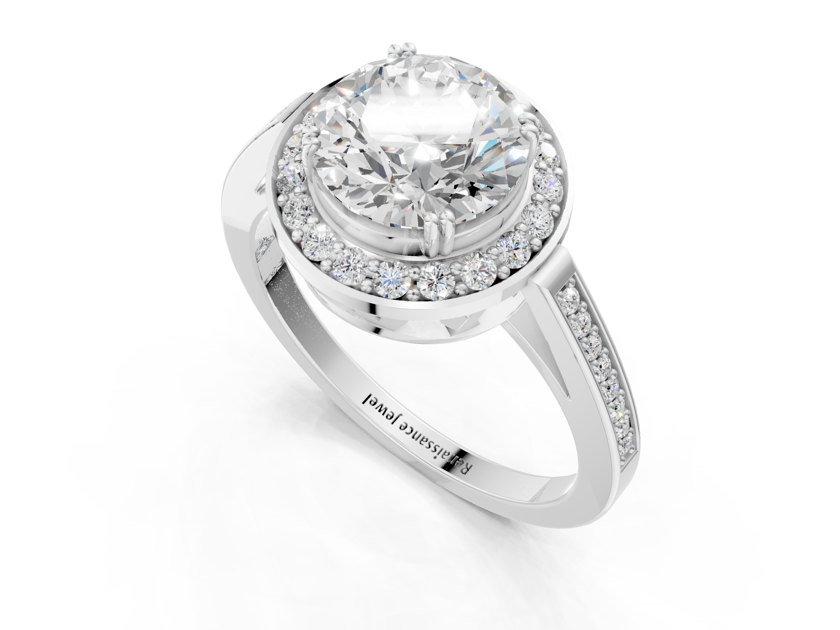 White gold Round Halo Diamond Ring with Split Shank and Four-Prong Setting_145