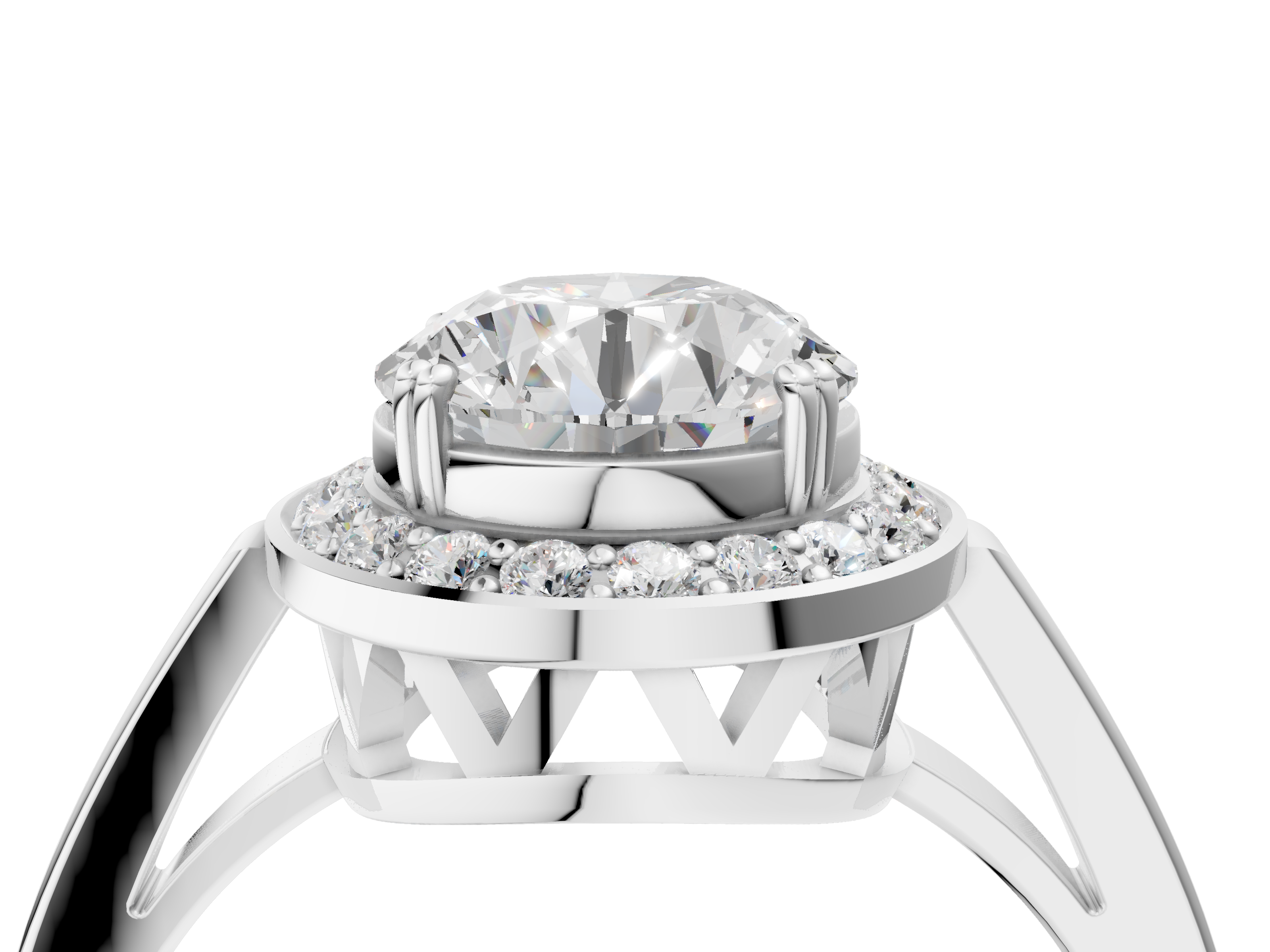 White gold Round Halo Diamond Ring with Split Shank and Four-Prong Setting_148