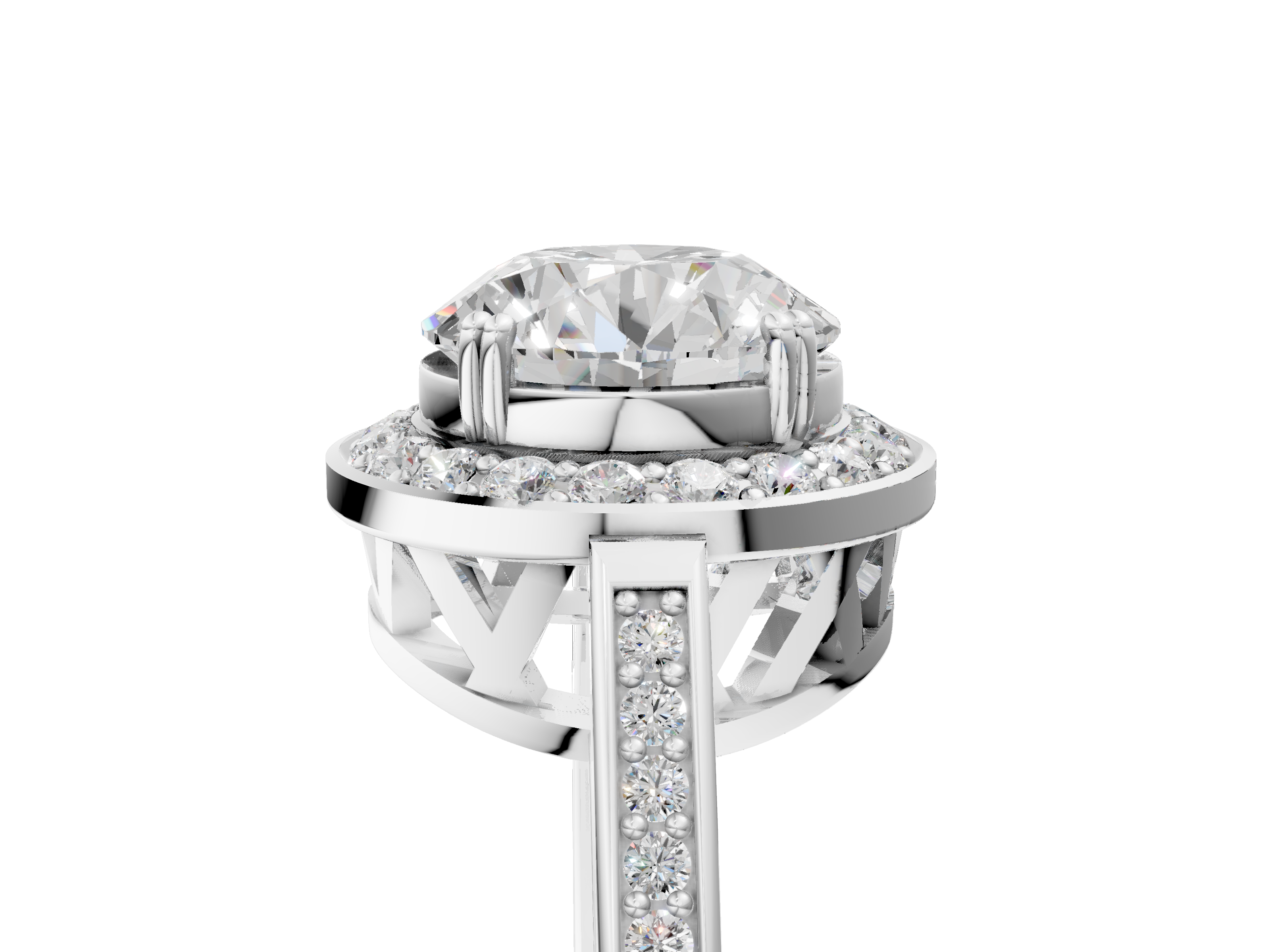 White gold Round Halo Diamond Ring with Split Shank and Four-Prong Setting_149