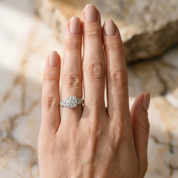 White gold Round Halo Diamond Ring with Twisted Band and Four-Prong Setting