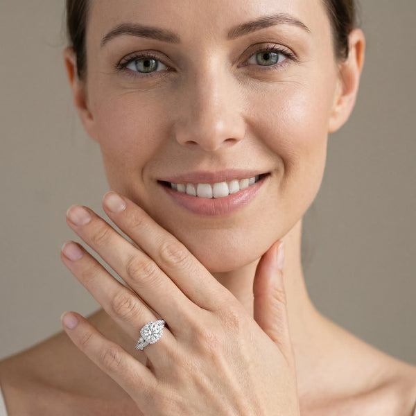 White gold Round Halo Diamond Ring with Twisted Band and Four-Prong Setting