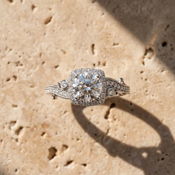 White gold Round Halo Diamond Ring with Twisted Band and Four-Prong Setting