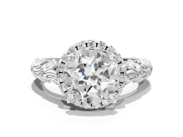 White gold Round Cut Diamond Halo Ring with Filigree Band and Prong Setting