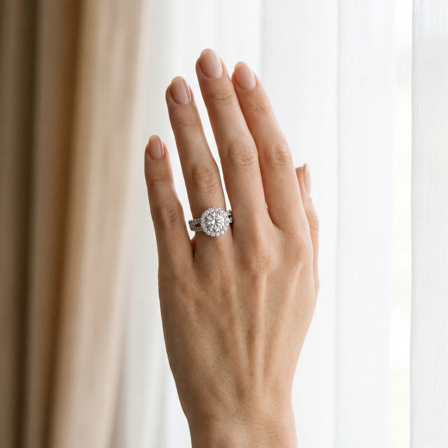 White gold Round Halo Diamond Split Shank Engagement Ring with Prong Setting