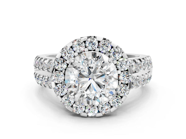 White gold Round Halo Diamond Split Shank Engagement Ring with Prong Setting