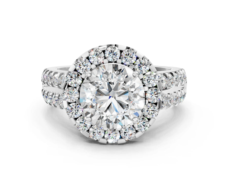 White gold Round Halo Diamond Split Shank Engagement Ring with Prong Setting