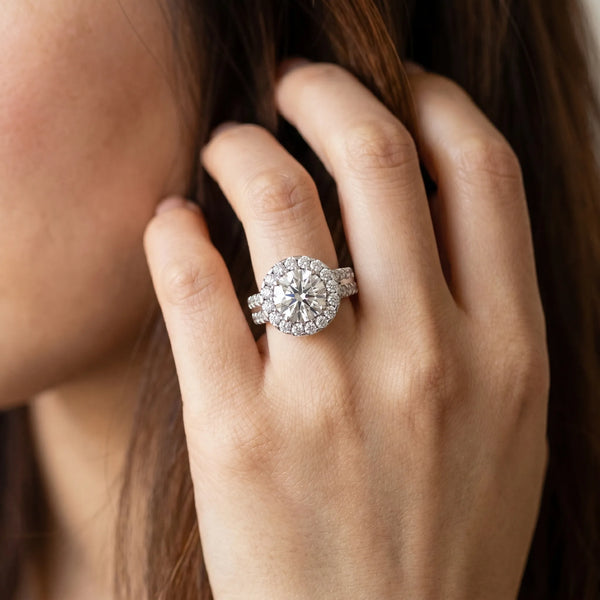 White gold Round Halo Diamond Split Shank Engagement Ring with Prong Setting