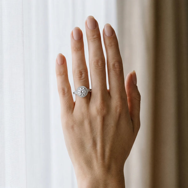 White gold Round Halo Diamond Split Shank Ring with Milgrain Detail