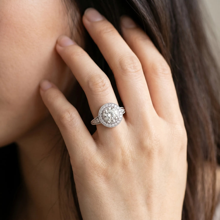 White gold Round Halo Diamond Split Shank Ring with Milgrain Detail