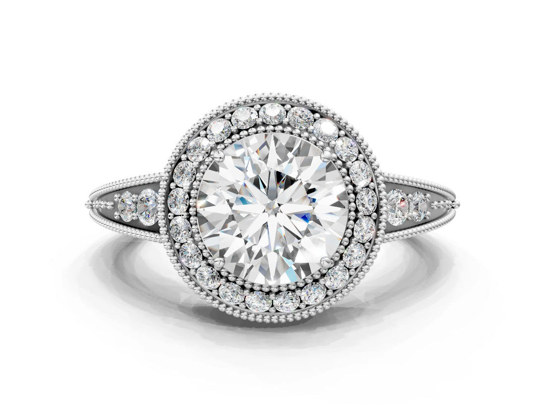 White gold Round Halo Diamond Split Shank Ring with Milgrain Detail_65