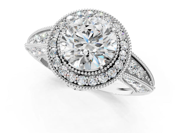 White gold Round Halo Diamond Split Shank Ring with Milgrain Detail