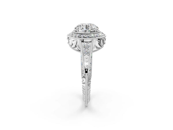 White gold Round Halo Diamond Split Shank Ring with Milgrain Detail