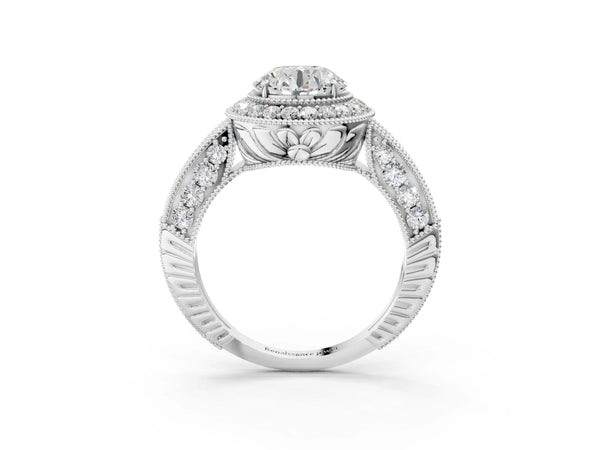White gold Round Halo Diamond Split Shank Ring with Milgrain Detail