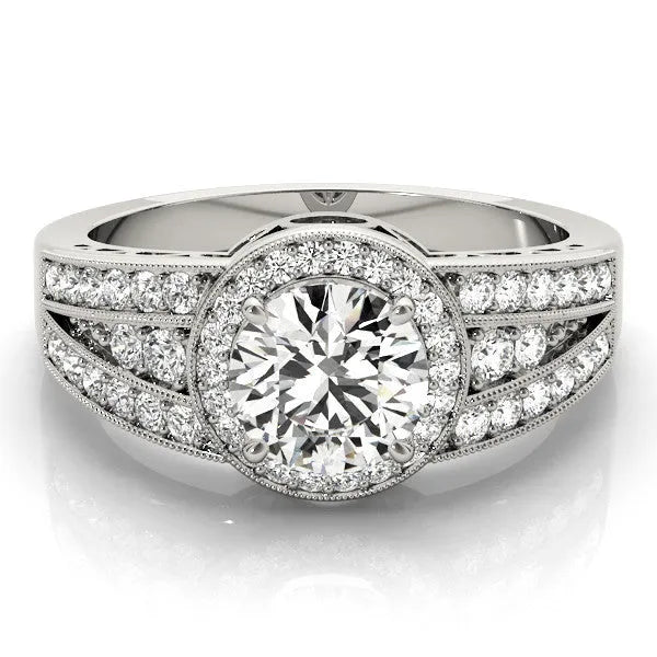White gold Round Halo Diamond Split Shank Ring with Prong Setting