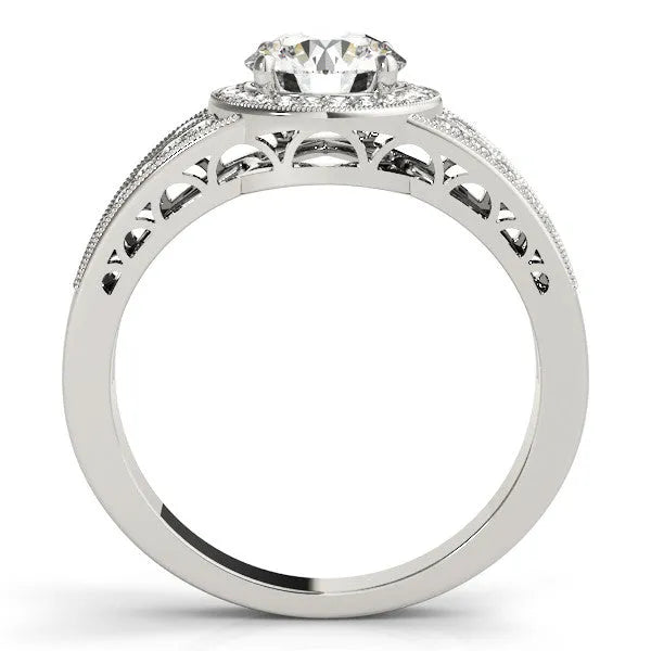 White gold Round Halo Diamond Split Shank Ring with Prong Setting