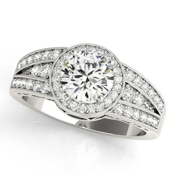 White gold Round Halo Diamond Split Shank Ring with Prong Setting