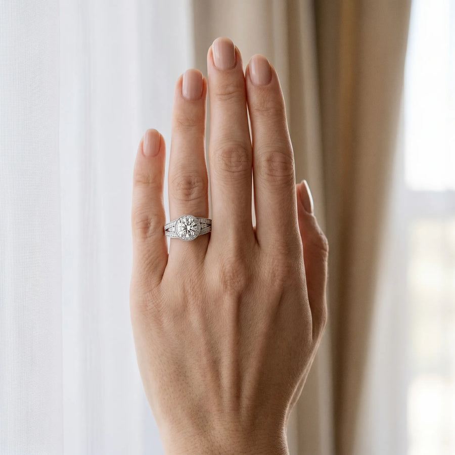 White gold Round Halo Diamond Split Shank Ring with Prong Setting